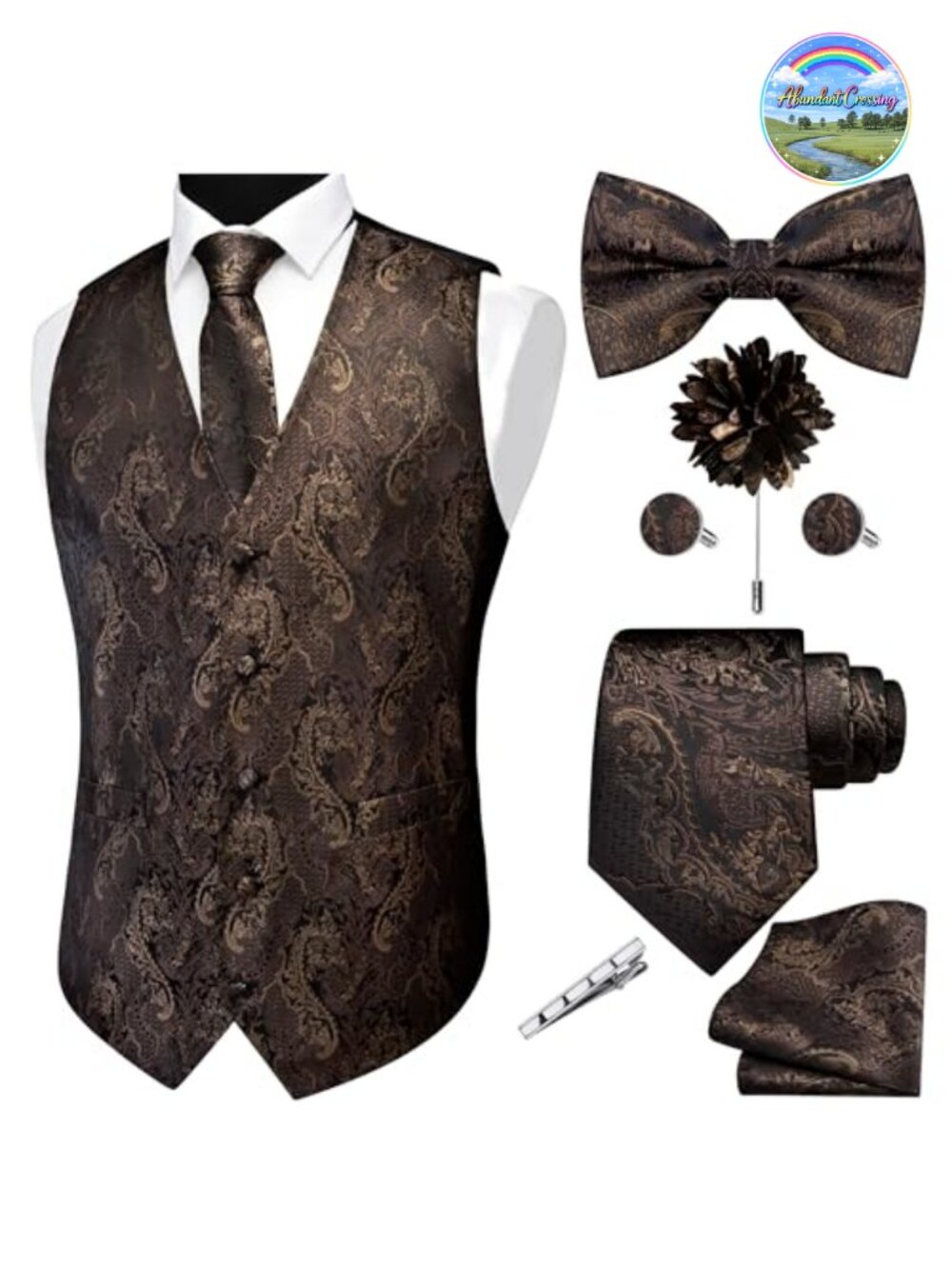Men's Paisley Jacquard Vest Tie Bow Tie Hanky Lapel Pin Cufflinks 7PCS Set